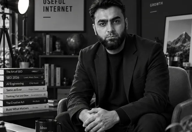 Black and white photo of Asfand Yar Junejo in his studio office with SEO and AI books on the desk