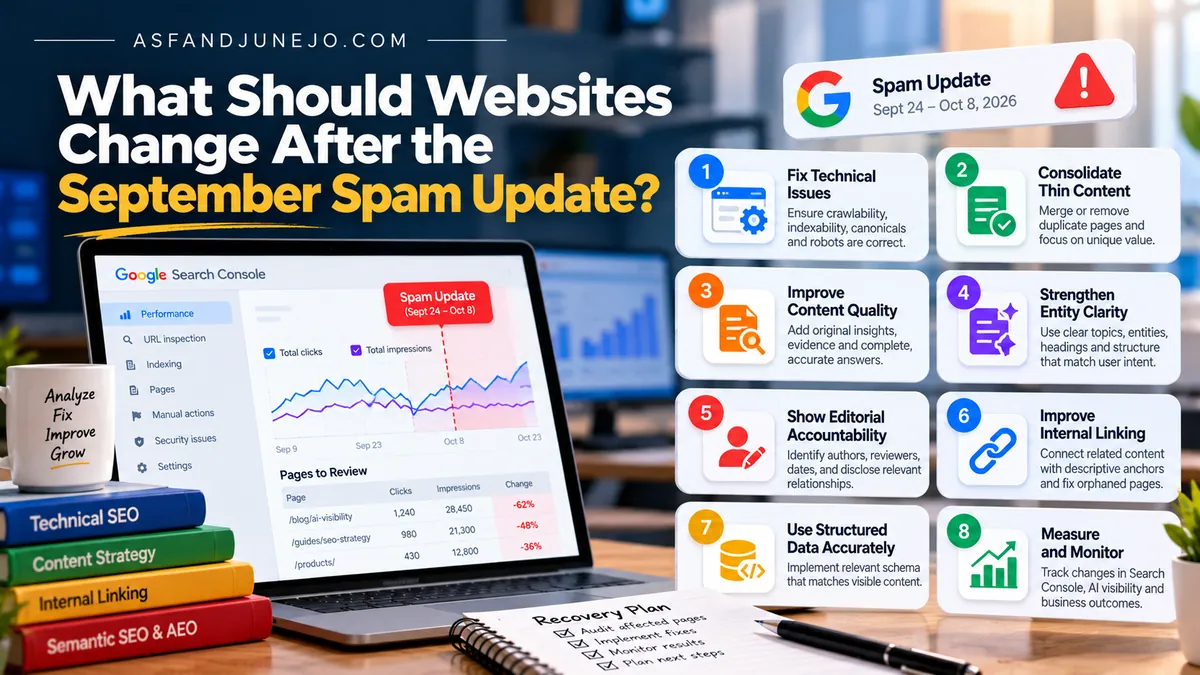 Eight numbered post-update review areas: fix technical issues, consolidate thin content, improve content quality, strengthen entity clarity, show editorial accountability, improve internal linking, use structured data accurately, and measure and monitor