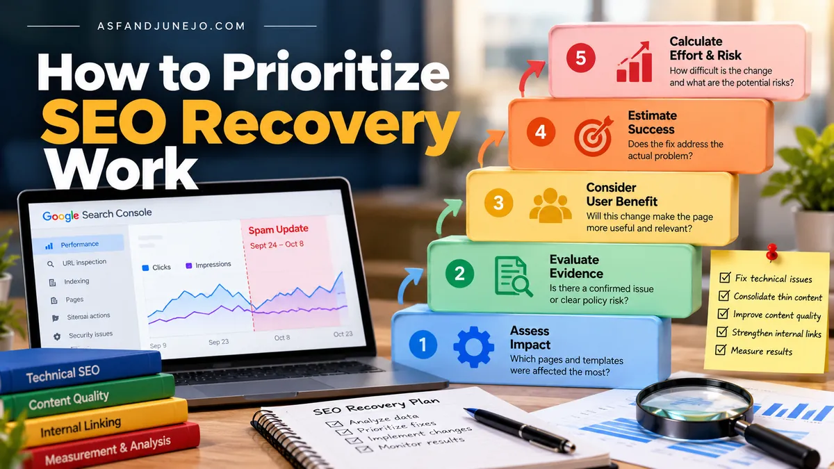Five-step staircase for prioritizing SEO recovery work: assess impact, evaluate evidence, consider user benefit, estimate success, and calculate effort and risk